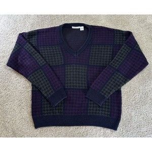 Vintage Claiborne Sweater Mens Size XL Knit Pullover Checkered Retro